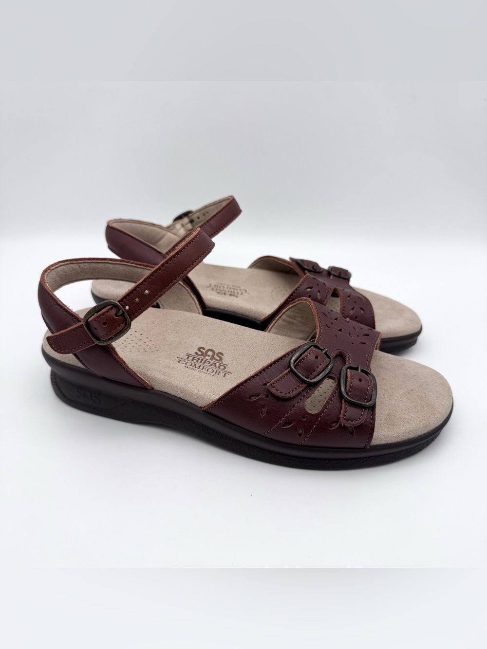SAS Duo Brown Leather Triple Strap Slingback Sandals Women 5.5 WW Wide EUC - Picture 5 of 10